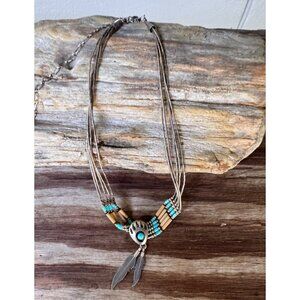 Native American-Inspired Multi-Strand Necklace With Sterling Silver Feather Char